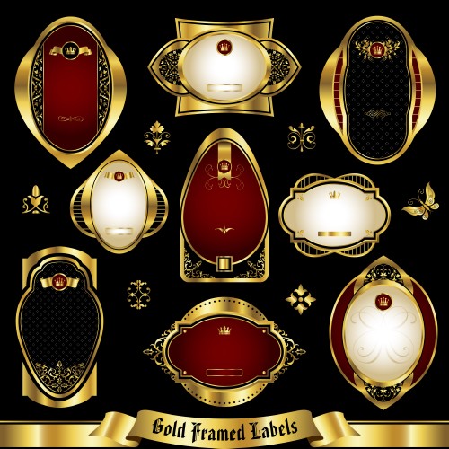 Gold decorative frames and labels in vector