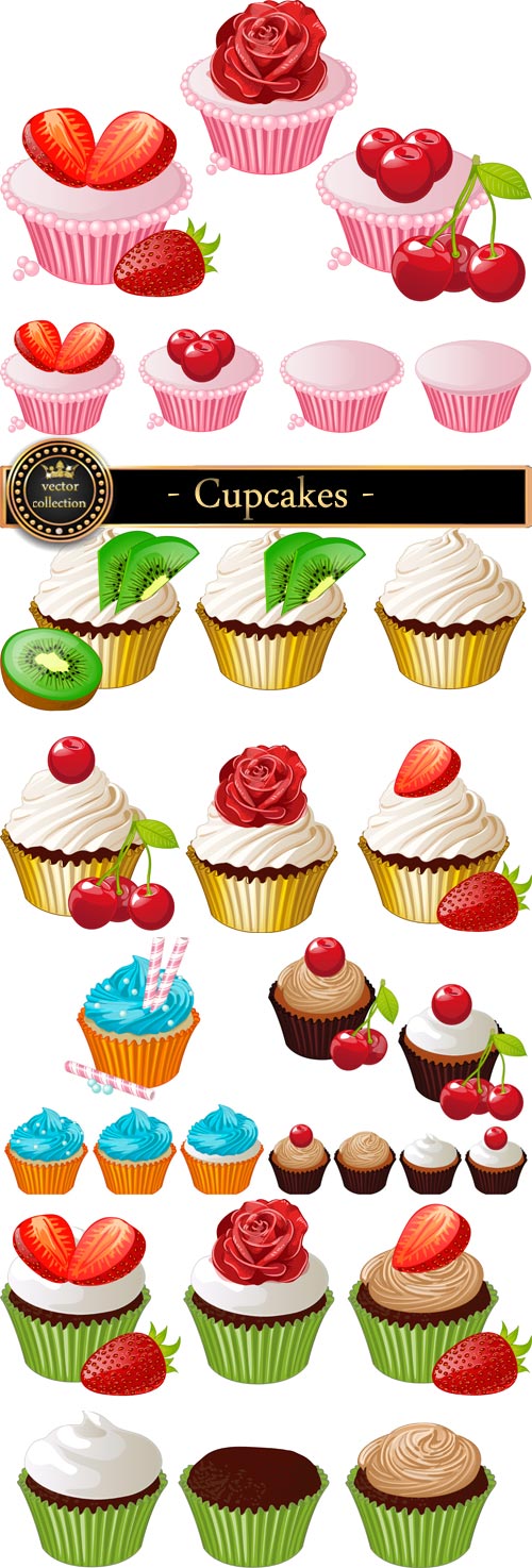 Cupcakes with cherry and strawberry vector