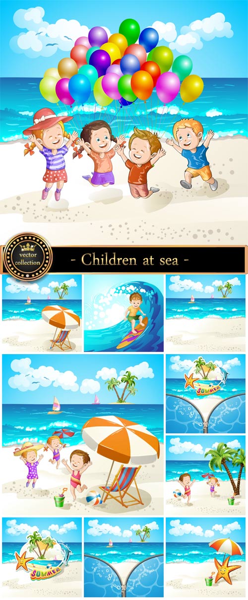 Children at sea, summer vacation, vector