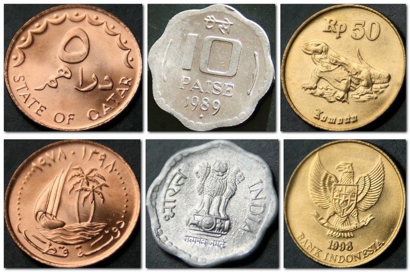 Монеты и купюры мира №122 5 дирхамов (Катар), 10 пайс (Индия), 50 рупий (Индонезия)