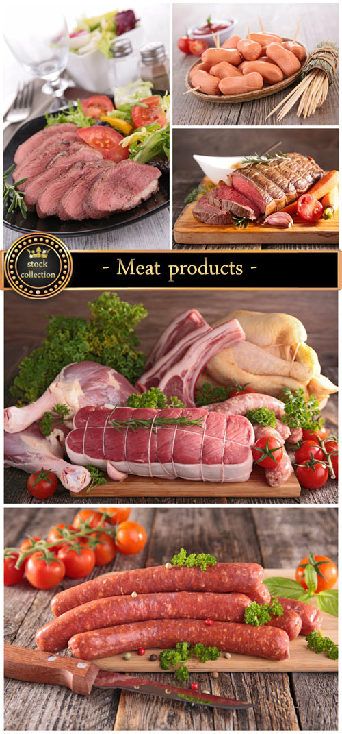 Meat products, sausage and tomatoes - Stock Photo