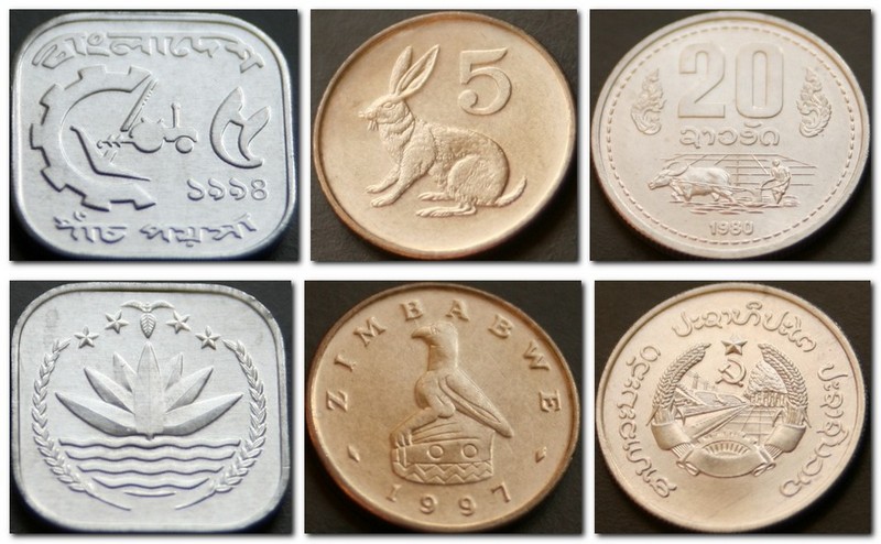 Монеты и купюры мира №128 5 пойш (Бангладеш), 5 центов (Зимбабве), 20 атов (Лаос)