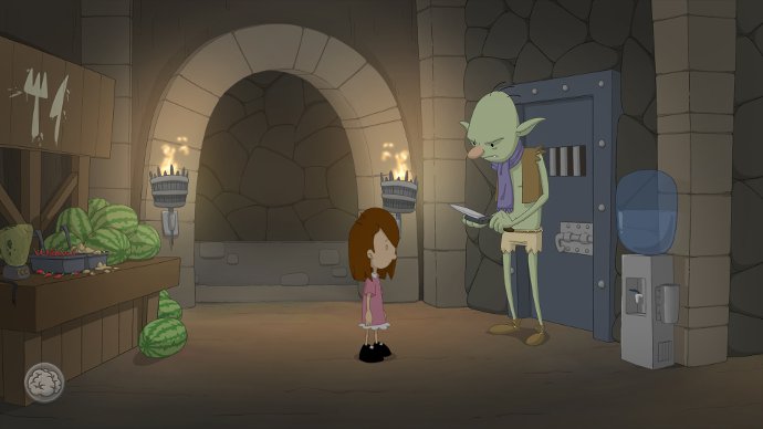 Снимок экрана игры Anna's Quest, которая выходит в начале июля 2015. Изображена главная героиня и гном.