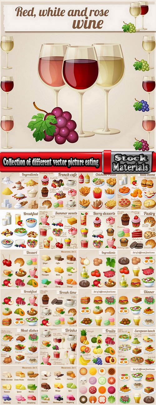 Collection of different vector picture eating fast food fruit vegetable sweet pies 25 EPS