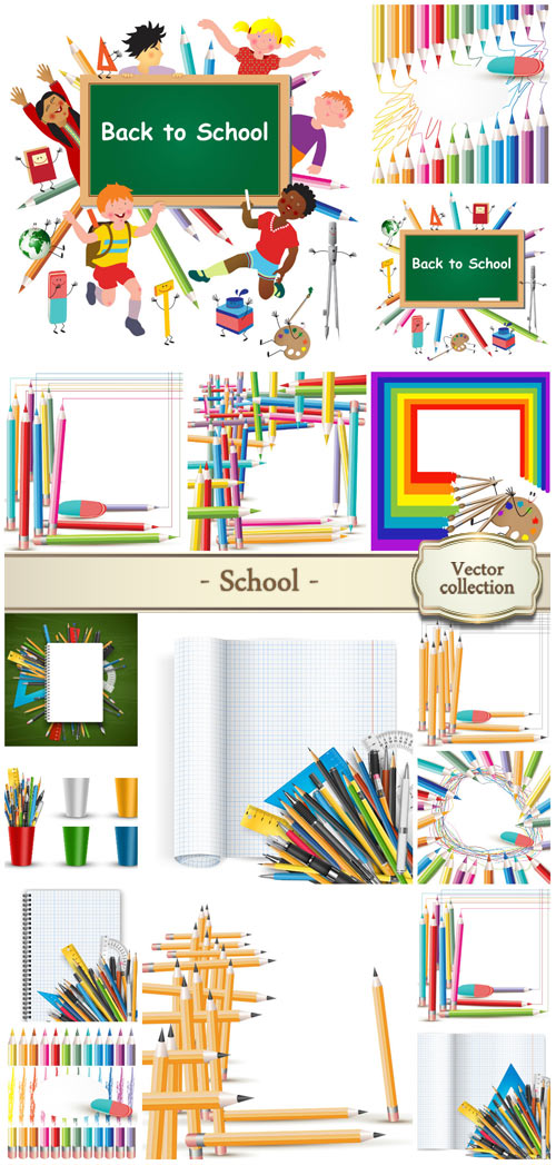 School vector, colored pencils and notebooks